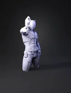 cybernetic armored humanoid with blue visor armor and firearm