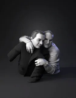 hugging couple in grayscale two people embracing in casual clothing