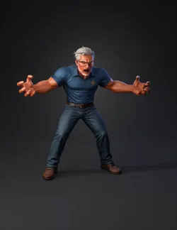 muscular human figure wearing blue polo shirt and jeans with outstretc