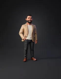 adult male figure wearing beige blazer white shirt gray pants brown