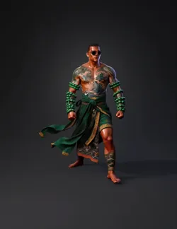 muscular tattooed warrior wearing green and gold sash and jade bracele
