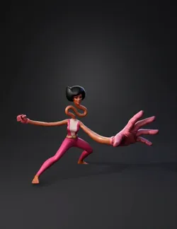 pink superhero figure performing dynamic pose with oversized hand in u