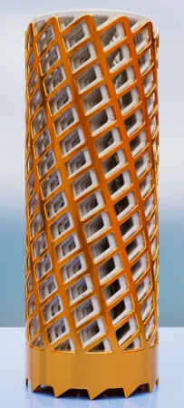 Candle holder with multi-layered, concentric, nested, fenestrated shade, with twist applied.