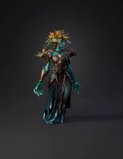 armored plant humanoid character with floral headpiece and vine like a