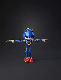 blue cartoon robot with outstretched arms blue armor plating red eye