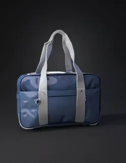 blue duffel bag with gray straps multiple pockets and zipper details