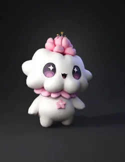 cute cloud creature with flower crown fluffy white body pink accents