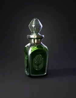 green potion bottle with leaf emblem glass container filled with emer