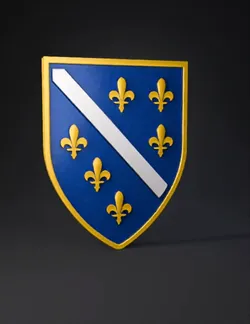 Heraldic shield with blue field gold fleur de lis and white diagonal