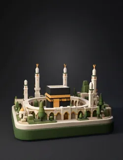 isometric model of kaaba surrounded by mosque complex with minarets an