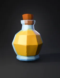 potion bottle with yellow liquid blue glass facets cork stopper fac