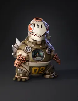 stylized robotic dinosaur with cockpit window olive green and beige b