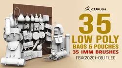 35 Low poly bags backpacks and pouches base mesh IMM brush set for Zbrush FBX and OBJ files