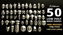 50 low poly mask shapes and base meshes IMM brush set for Zbrush OBJ and FBX 2020 version files