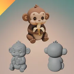 Cute Monkey Eating Banana – STL and GLB File for 3D Printing – Cartoon Monkey Figurine with Banana