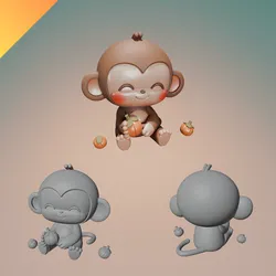 Cute Monkey with Pumpkins – STL and GLB File for 3D Printing – Cartoon Animal Figurine