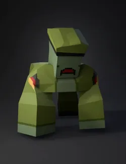 blocky low poly quadruped creature with lime green body dark green li