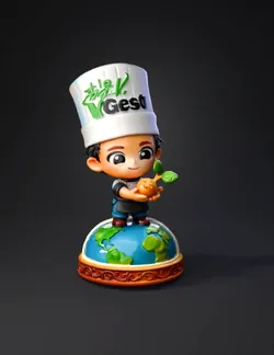 cartoon chef character on a globe pedestal with plant