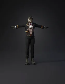 draconic humanoid in ornate black suit with gold embroidery and red ge