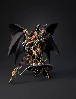 dragon knight in ornate black and gold armor with red gems large blad