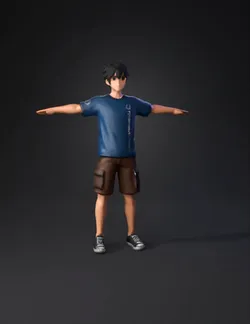 human figure wearing blue t shirt and brown cargo shorts with outstret