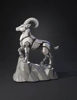 polygonal ram statue on rocky base in light gray stone