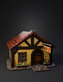 quaint cartoon bakery building with timber frame arched wooden door