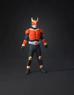 red and black armored superhero action figure with gold accents styli