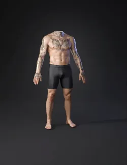 tattooed male torso with chest and arm tattoos wearing dark shorts