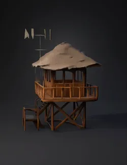 wooden lookout tower on stilts with thatched roof brown wood texture