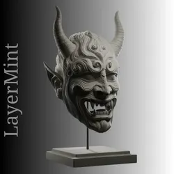 Sculptures & Artworks STL Descărcare - Demon Oni Mask 3D Model – Fantasy Display Bust for 3D Printi - LayerMint