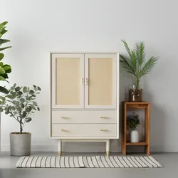 Bund Woody White Rattan High Cabinet