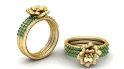 Floral Emerald Triple Band Ring Luxury Flower Statement Gold Ring