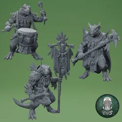 Lizardmen Command Group – Leader, Drummer & Standard Bearer | Pre-Supported 32mm Fantasy Miniatures