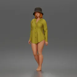 Standing woman In Oversized Button-Shirt With Bucket Hat Barefoot