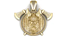 Viking Warrior Gold Medallion Pendant with Diamond Halo and Battle Axes