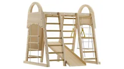 Wooden Swing Set wSlide Swing and Climbing Net Rings