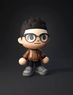 boy character with glasses wearing brown bomber jacket navy pants a
