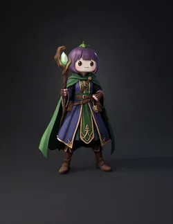 chibi mage with wand wearing green cape and purple robes brown boots