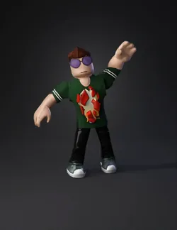 human character wearing green shirt with red pattern black pants and