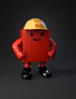red blocky humanoid character wearing yellow construction helmet with
