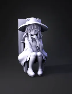 sitting anime girl character with wide beige hat purple dress white