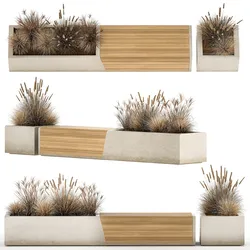 Bench With Flowerpot And Bushes For Outdoor Decor 1142