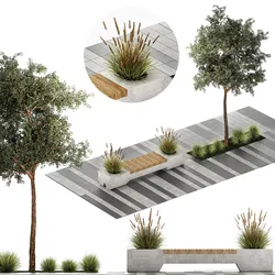Tree and bushes with bench for outdoor environment 1146