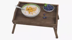 Bowl of Corn Flakes with Milk and Blueberries on Bed Tray 3D model