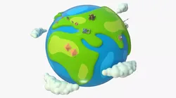 Cartoon Earth with Landmarks and Clouds Low-poly 3D model