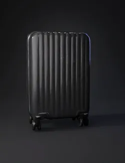 black hard shell suitcase with four wheels and zipper lock