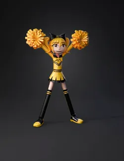 cheerleader character in yellow and black uniform with pom poms