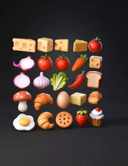 Create a complete set of tiny 3D game assets for a casual mobile puzzl