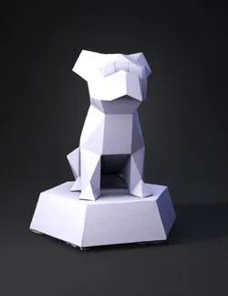 geometric papercraft dog sculpture with white body and navy head on a